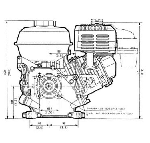 Front and side view of GX160 engine, dimensions displayed for height and width