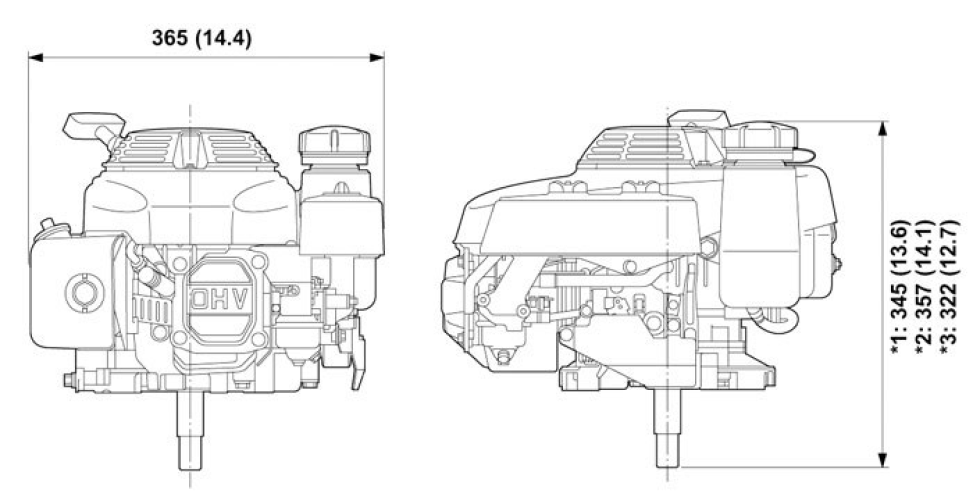 Vue avant et côté du moteur GXV160, dimensions affichées pour la hauteur et la largeur