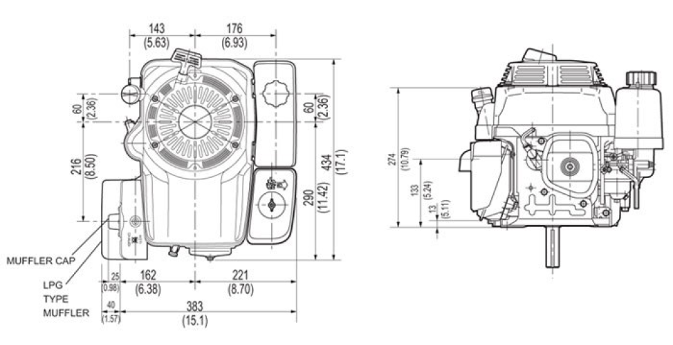 Front and side view of GXV390 engine, dimensions displayed for height and width