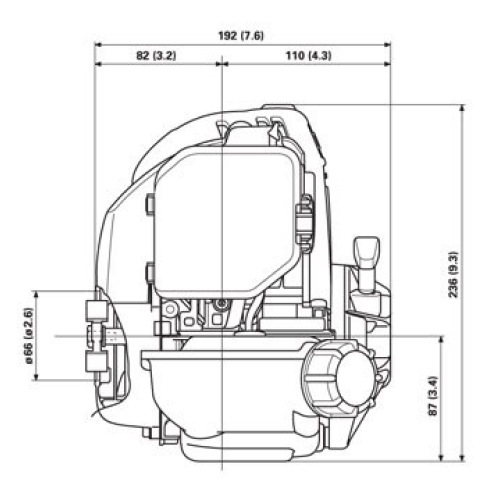 Front and side view of GX25 engine, dimensions displayed for height and width