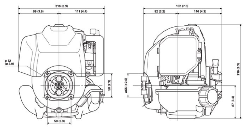 Front and side view of GX35 engine, dimensions displayed for height and width
