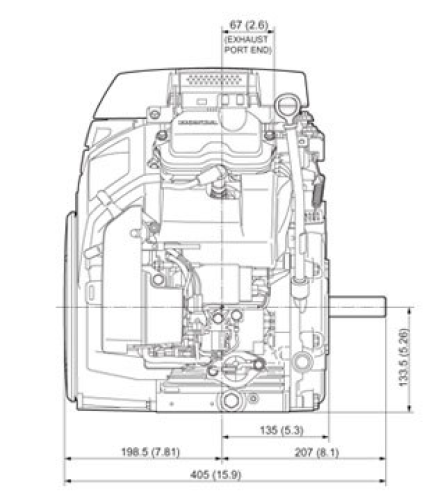 Vue avant et côté du moteur GX660, dimensions affichées pour la hauteur et la largeur