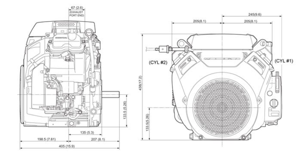 Vue avant et côté du moteur GX690, dimensions affichées pour la hauteur et la largeur
